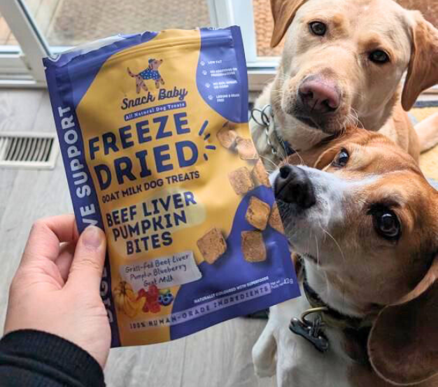 2 happy dogs look up at Snack Baby's Beef Liver Pumpkin Bites freeze dried dog treats